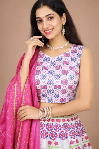 white cotton poly printed traditional lehenga choli