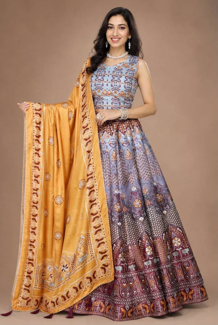 multicolor silk blend printed traditional lehenga choli