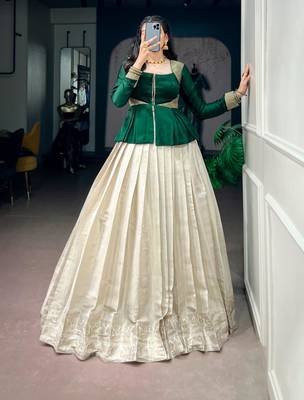 off-white silk blend printed  lehenga choli with free size upto 38 1
