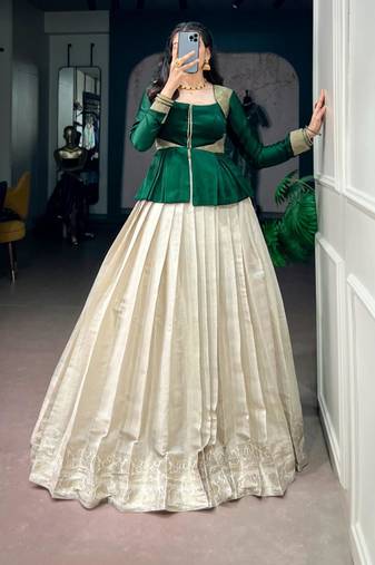 off-white silk blend printed  lehenga choli with free size upto 38