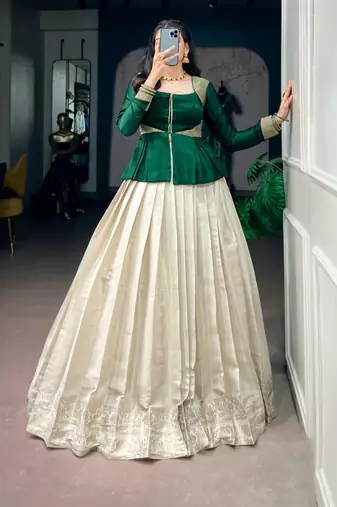 off-white silk blend printed  lehenga choli with free size upto 38