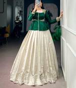 off-white silk blend printed  lehenga choli with free size upto 38