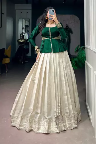 off-white silk blend printed  lehenga choli with free size upto 38