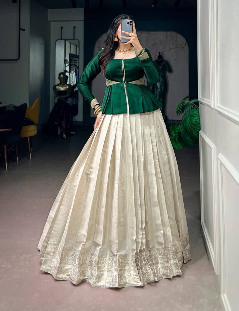 off-white silk blend printed  lehenga choli with free size upto 38