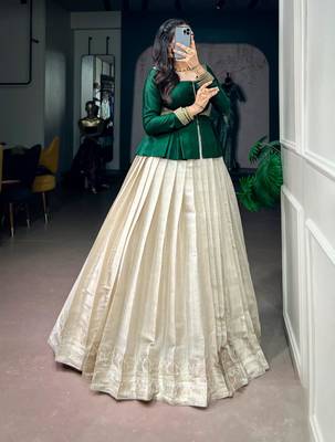 off-white silk blend printed  lehenga choli with free size upto 38 3