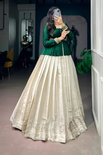 off-white silk blend printed  lehenga choli with free size upto 38