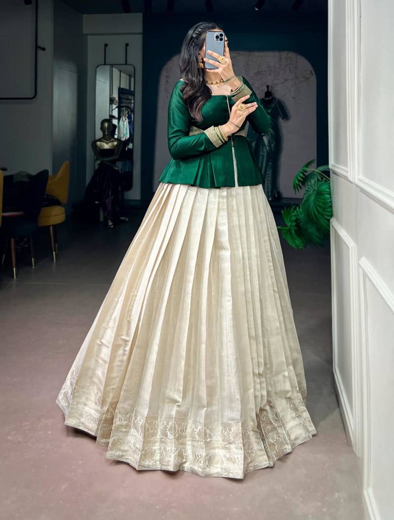 off-white silk blend printed  lehenga choli with free size upto 38