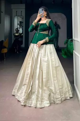 off-white silk blend printed  lehenga choli with free size upto 38