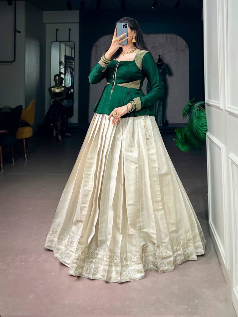off-white silk blend printed  lehenga choli with free size upto 38