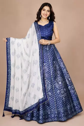 blue silk blend printed traditional lehenga choli