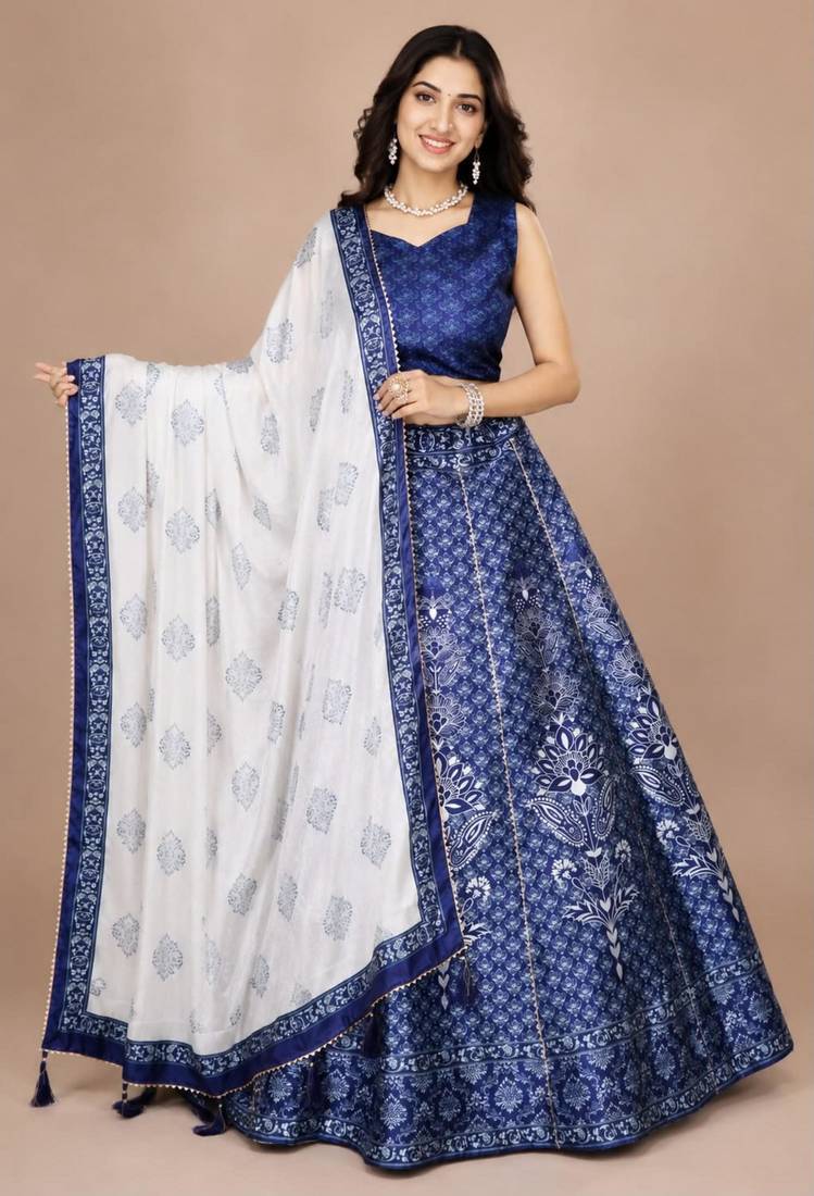 blue silk blend printed traditional lehenga choli