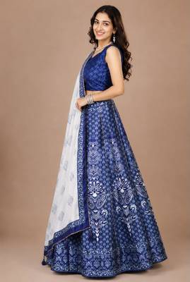 blue silk blend printed traditional lehenga choli 2