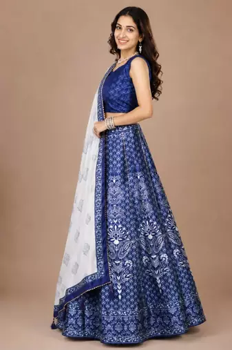 blue silk blend printed traditional lehenga choli