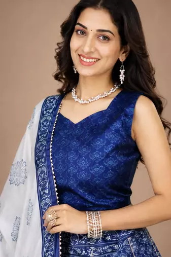 blue silk blend printed traditional lehenga choli