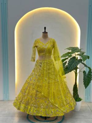 yellow net embroidered traditional lehenga choli 3
