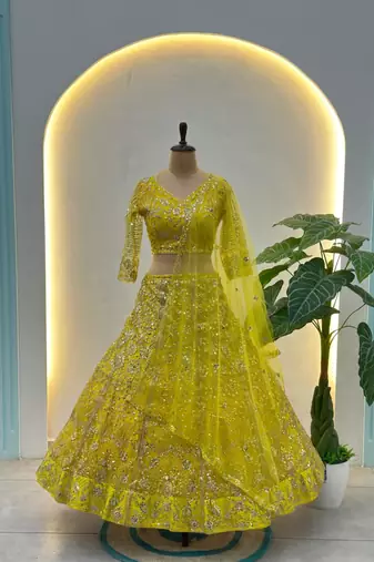 yellow net embroidered traditional lehenga choli