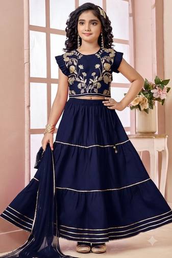 Navy blue embroidered art silk a line lehenga choli dupatta