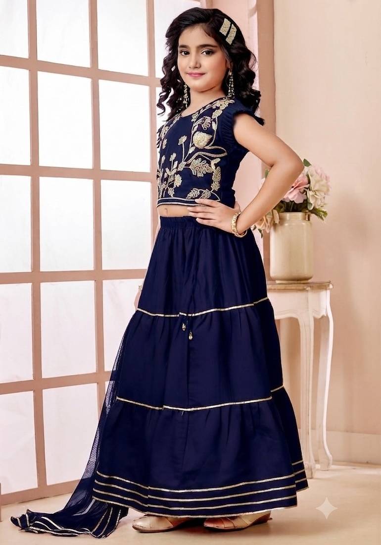 Navy blue embroidered art silk a line lehenga choli dupatta