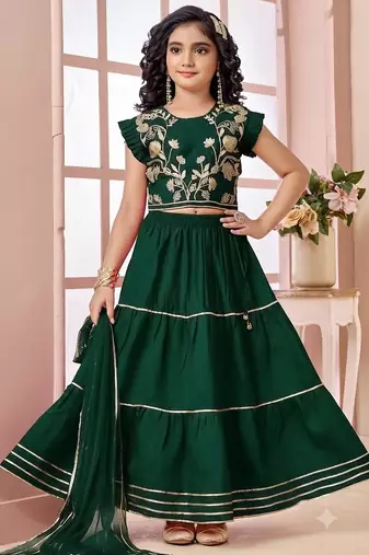 Green embroidered art silk a line lehenga choli dupatta