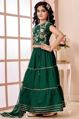 Green embroidered art silk a line lehenga choli dupatta