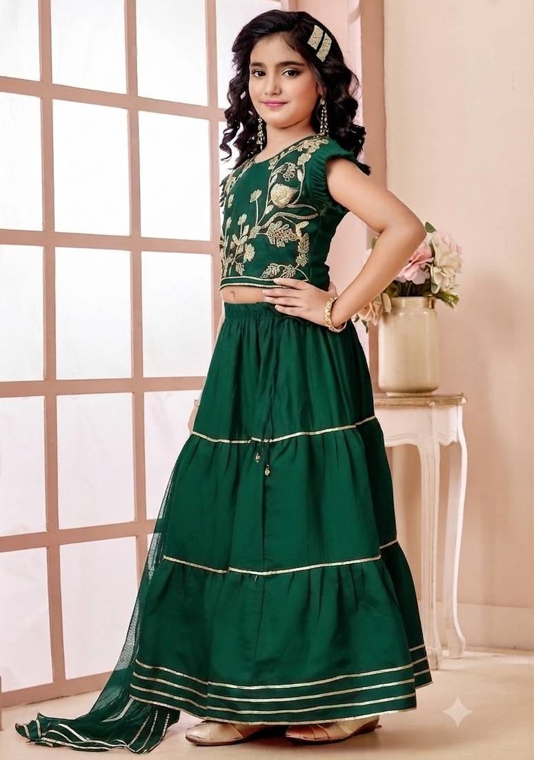 Green embroidered art silk a line lehenga choli dupatta