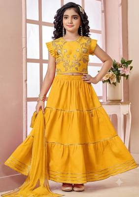 Yellow embroidered art silk a line lehenga choli dupatta 1