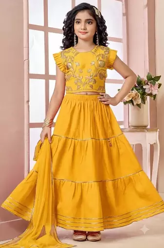 Yellow embroidered art silk a line lehenga choli dupatta