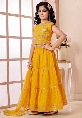 Yellow embroidered art silk a line lehenga choli dupatta 2