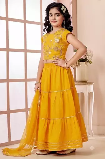Yellow embroidered art silk a line lehenga choli dupatta