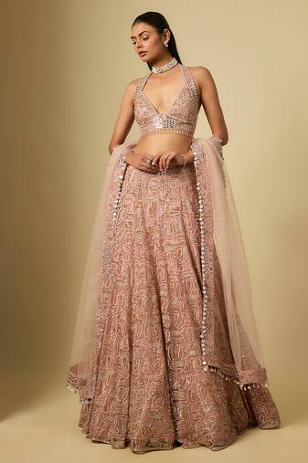Rose Gold Embroidered Satin Chinon Tulle Lehenga Set