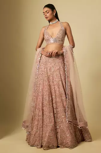 Rose Gold Embroidered Satin Chinon Tulle Lehenga Set