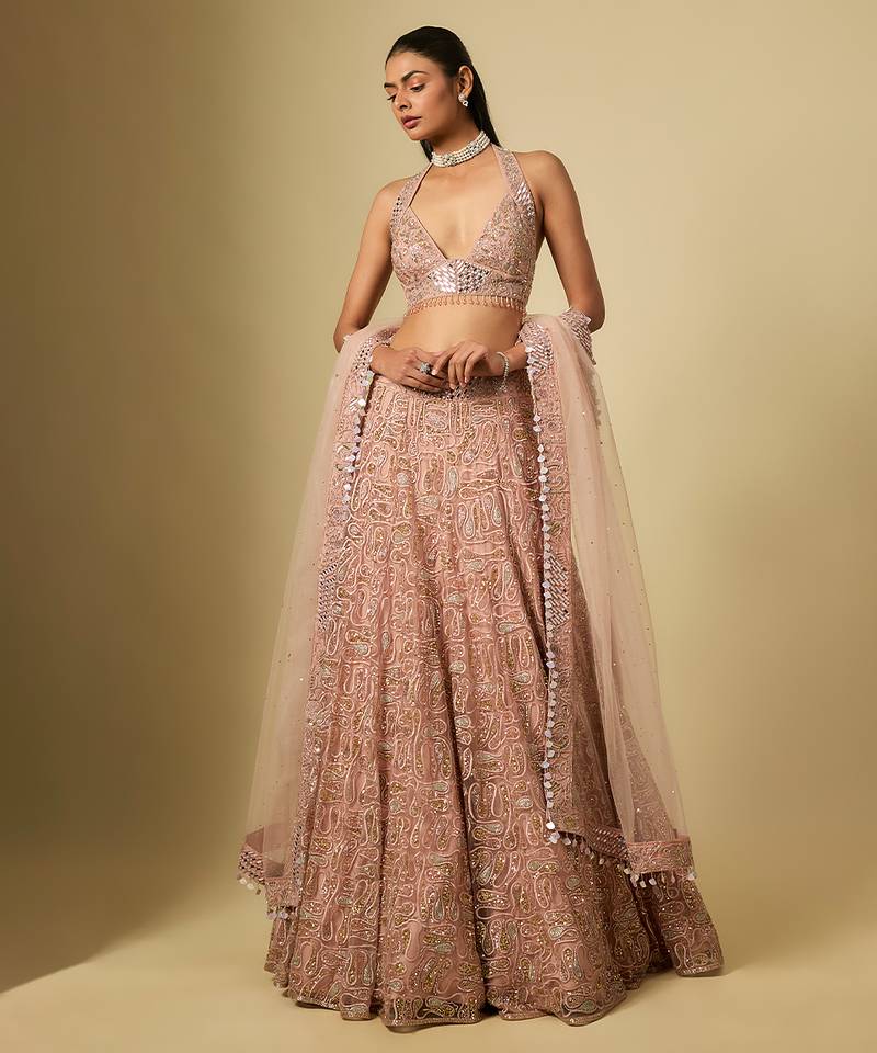 Rose Gold Embroidered Satin Chinon Tulle Lehenga Set