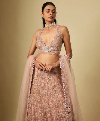 Rose Gold Embroidered Satin Chinon Tulle Lehenga Set 2