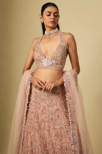 Rose Gold Embroidered Satin Chinon Tulle Lehenga Set