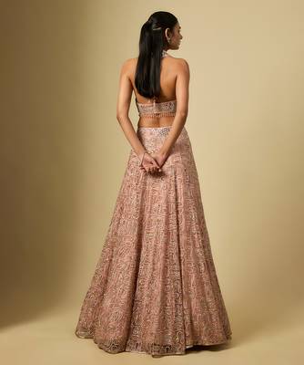 Rose Gold Embroidered Satin Chinon Tulle Lehenga Set 3