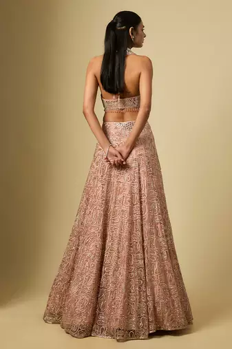 Rose Gold Embroidered Satin Chinon Tulle Lehenga Set