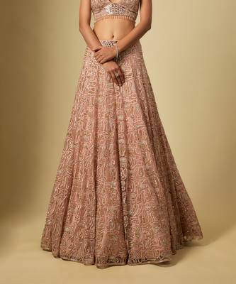 Rose Gold Embroidered Satin Chinon Tulle Lehenga Set 4