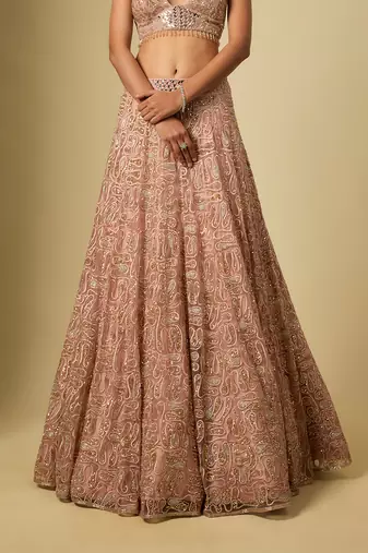 Rose Gold Embroidered Satin Chinon Tulle Lehenga Set