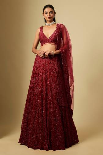 Red Embroidered Satin Chinon Tulle Lehenga Set