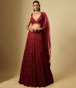 Red Embroidered Satin Chinon Tulle Lehenga Set
