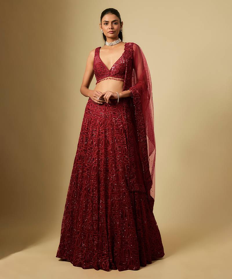 Red Embroidered Satin Chinon Tulle Lehenga Set