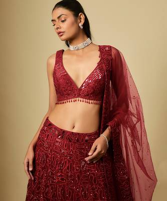 Red Embroidered Satin Chinon Tulle Lehenga Set 2