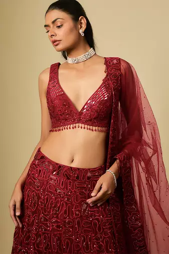 Red Embroidered Satin Chinon Tulle Lehenga Set