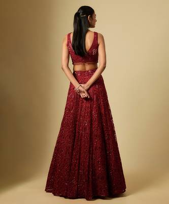 Red Embroidered Satin Chinon Tulle Lehenga Set 3