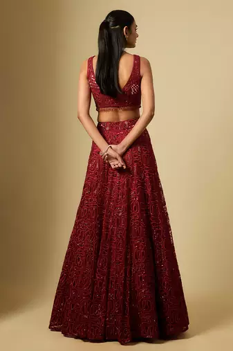 Red Embroidered Satin Chinon Tulle Lehenga Set