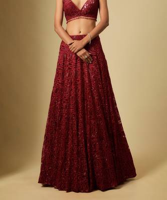 Red Embroidered Satin Chinon Tulle Lehenga Set 4