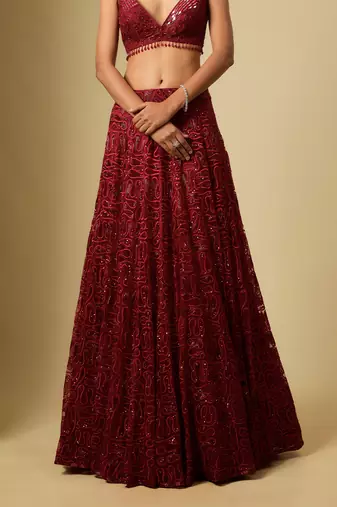Red Embroidered Satin Chinon Tulle Lehenga Set