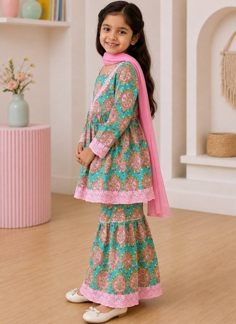 Girls sea green kurta set