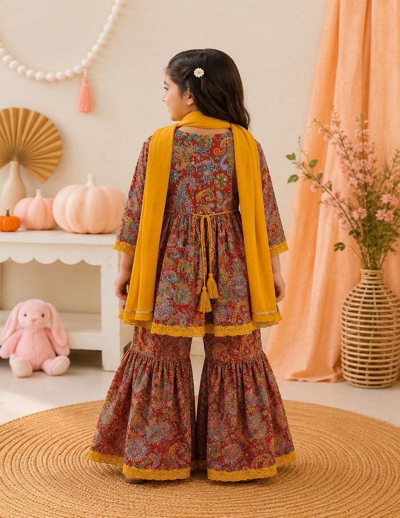 Girls red paisley kurta set