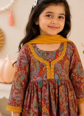 Girls red paisley kurta set 4